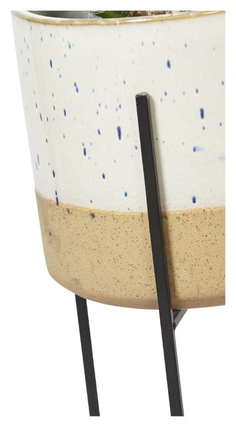 Two Tone Ceramic Pot on Tall Iron Stand - Ivory/Natural-abc