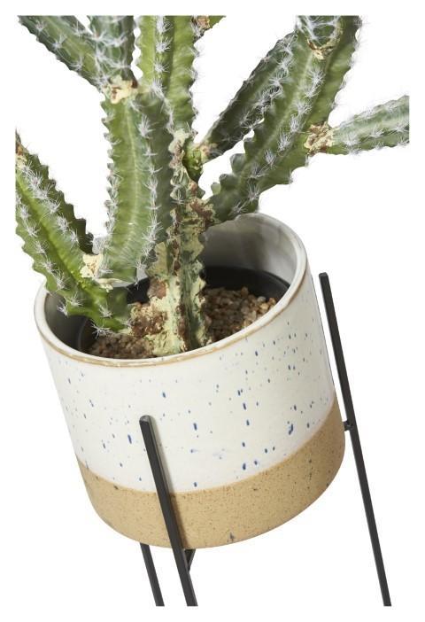 Two Tone Ceramic Pot on Tall Iron Stand - Ivory/Natural-abc