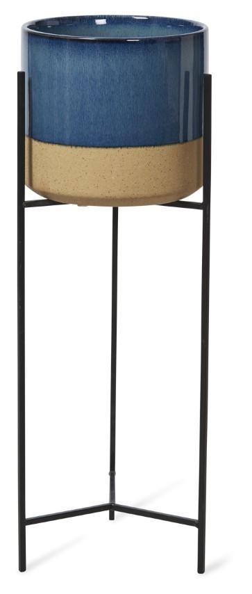 Two Tone Ceramic Pot on Tall Iron Stand - Blue/Natural-abc