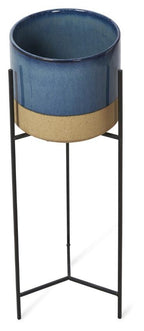 Two Tone Ceramic Pot on Tall Iron Stand - Blue/Natural-abc
