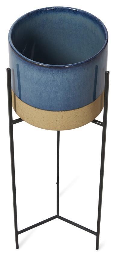 Two Tone Ceramic Pot on Tall Iron Stand - Blue/Natural-abc