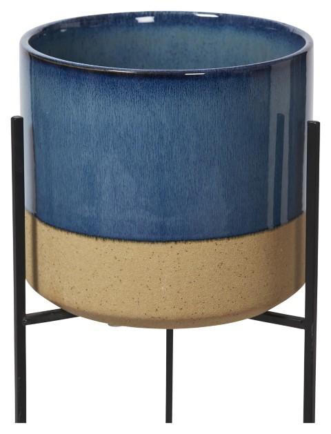 Two Tone Ceramic Pot on Tall Iron Stand - Blue/Natural-abc