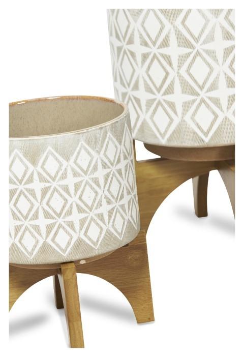 Diamond Ceramic Pot on Wood Stand Medium - Light Grey/Natural-abc