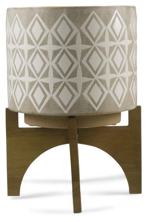Diamond Ceramic Pot on Wood Stand Medium - Light Grey/Natural-abc