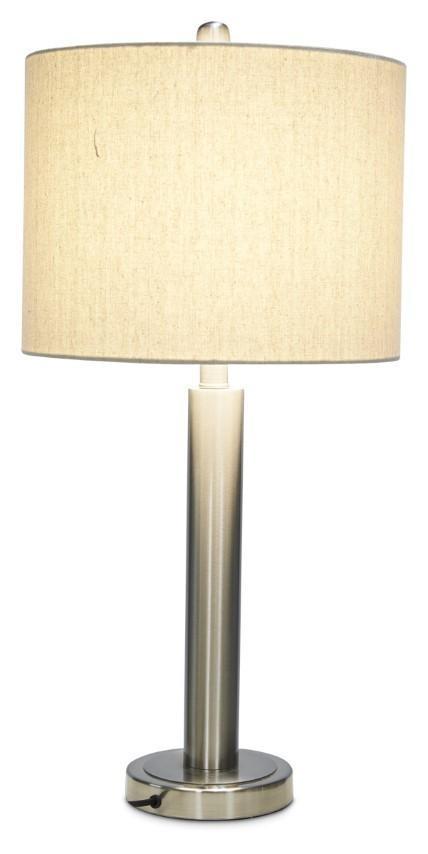 Contemporary Tall Metal Table Lamp with Oatmeal Linen Shade - Brush Nickel Finish-abc