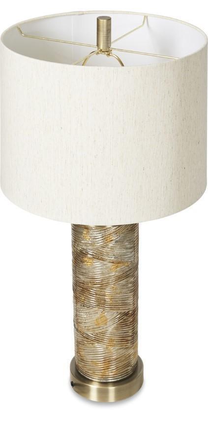 Opulent Glass and Metal Table Lamp with Cream Linen Shade - Antique Brass-abc