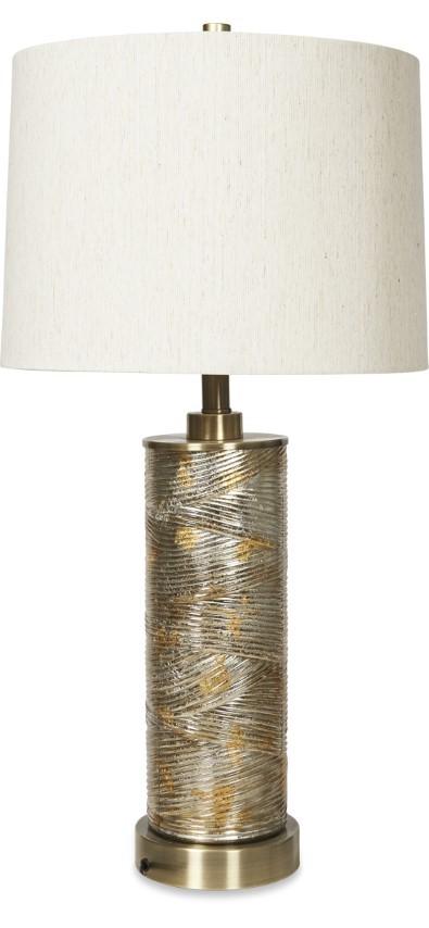 Opulent Glass and Metal Table Lamp with Cream Linen Shade - Antique Brass-abc
