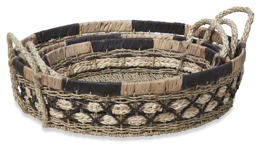 Equador Set of 3 Round Water Hyacinth Trays - Black/Natural-abc