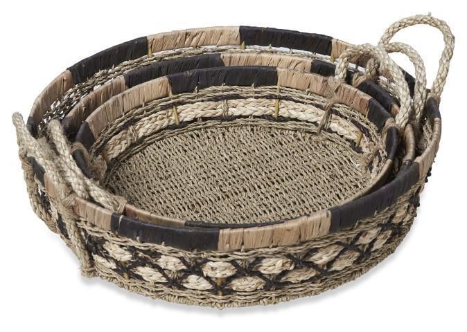 Equador Set of 3 Round Water Hyacinth Trays - Black/Natural-abc