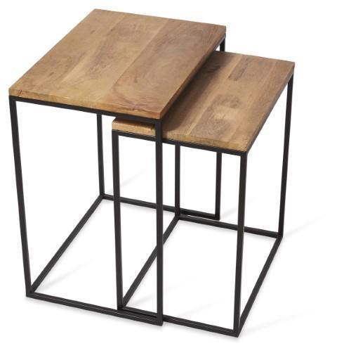 Ava Set of 2 Rectangular Nested Side Tables with Mango Wood Top and Iron Legs - Natural/Black-abc