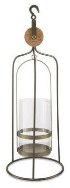 Wood Iron Glass Pulley Candle Holder Large-abc