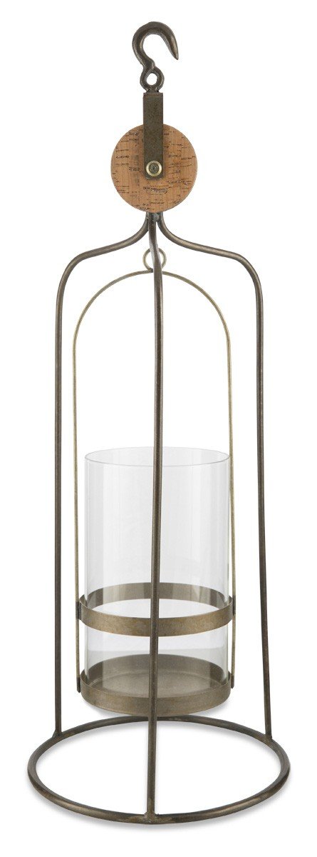 Wood Iron Glass Pulley Candle Holder Large-abc