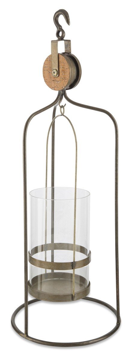 Wood Iron Glass Pulley Candle Holder Large-abc