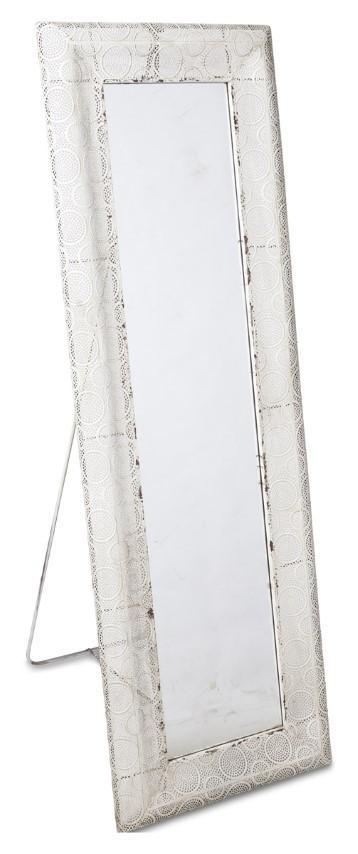 Free Standing Filigree Metal Floor Mirror with Support Frame at the Back - Antique White-abc