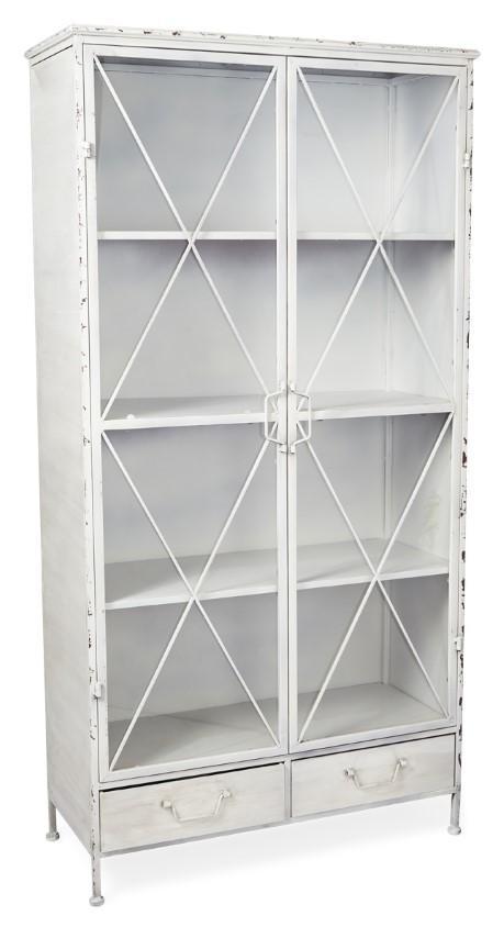 Metal Bookcase with 2 Glass Doors and 3 Internal Metal Shelves - Antique White-abc