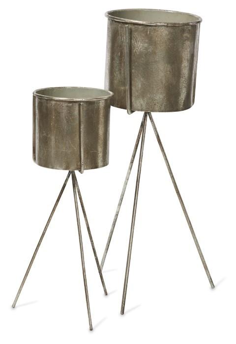 Set of 2 Metal Planters on Stands - Silver-abc