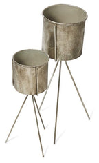Set of 2 Metal Planters on Stands - Silver-abc
