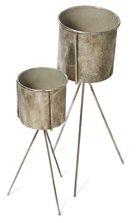Set of 2 Metal Planters on Stands - Silver-abc