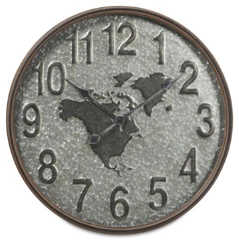 Beaten Metal World Map Clock 60cm - Silver-abc
