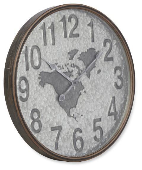Beaten Metal World Map Clock 60cm - Silver-abc