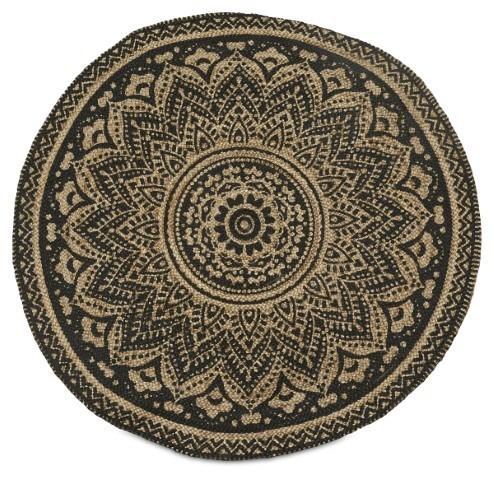 Round Henna Printed Jute Rug 150cm - Natural/Black-abc