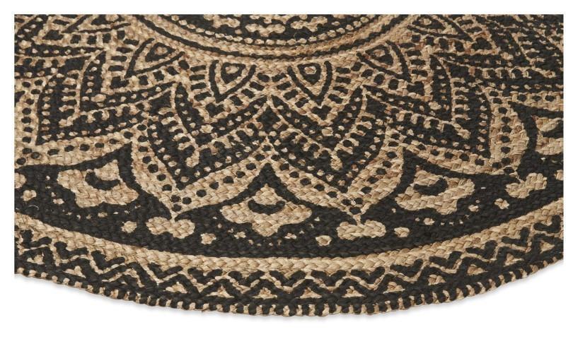 Round Henna Printed Jute Rug 150cm - Natural/Black-abc
