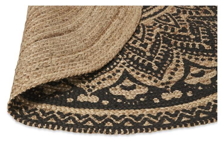 Round Henna Printed Jute Rug 150cm - Natural/Black-abc