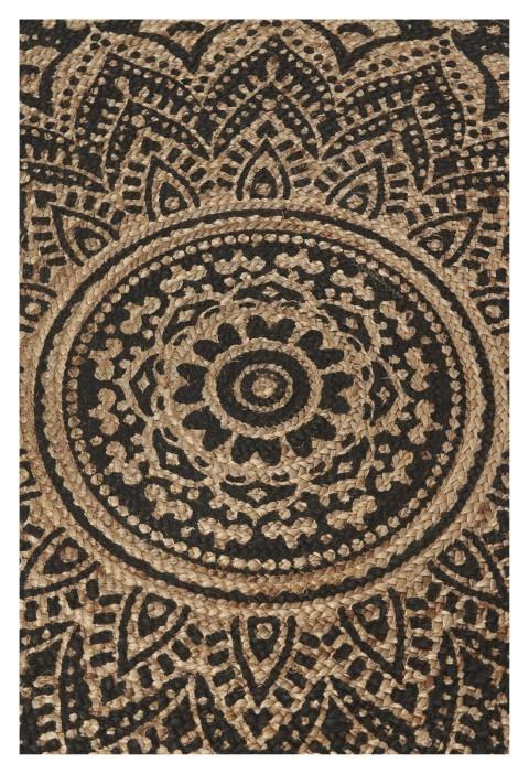 Round Henna Printed Jute Rug 150cm - Natural/Black-abc