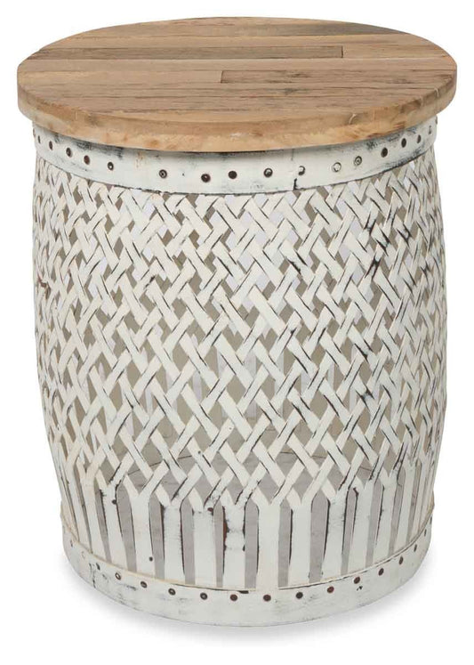 Vintage Round Distressed Wood and Iron Accent Table-abc