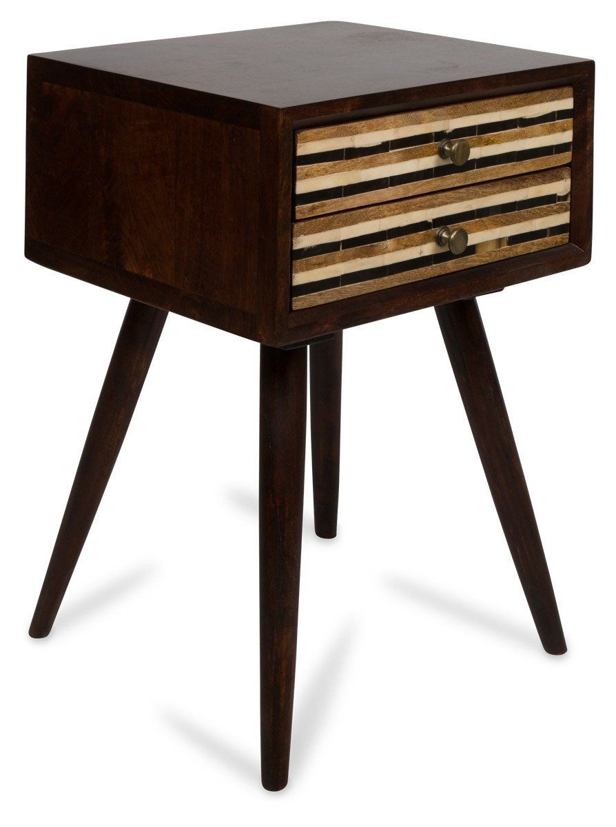 Wooden Two Draw Side Table with Straight Line Bone Inlay-abc