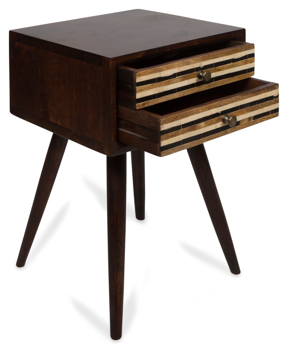 Wooden Two Draw Side Table with Straight Line Bone Inlay-abc