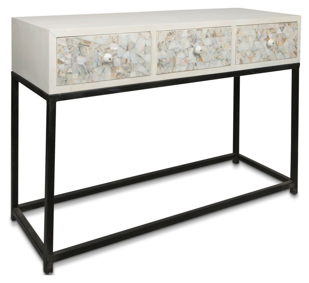 Flat Mother of Pearl Shell Wooden Console with Three Draws-abc