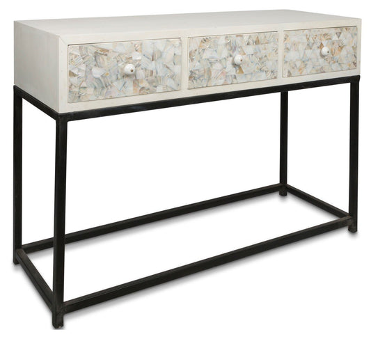 Flat Mother of Pearl Shell Wooden Console with Three Draws-abc