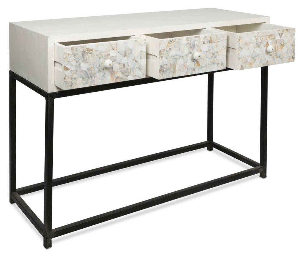 Flat Mother of Pearl Shell Wooden Console with Three Draws-abc