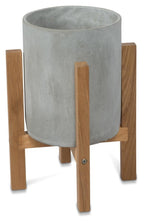 Round Concrete Planter on Wooden Oak Stand Small-abc
