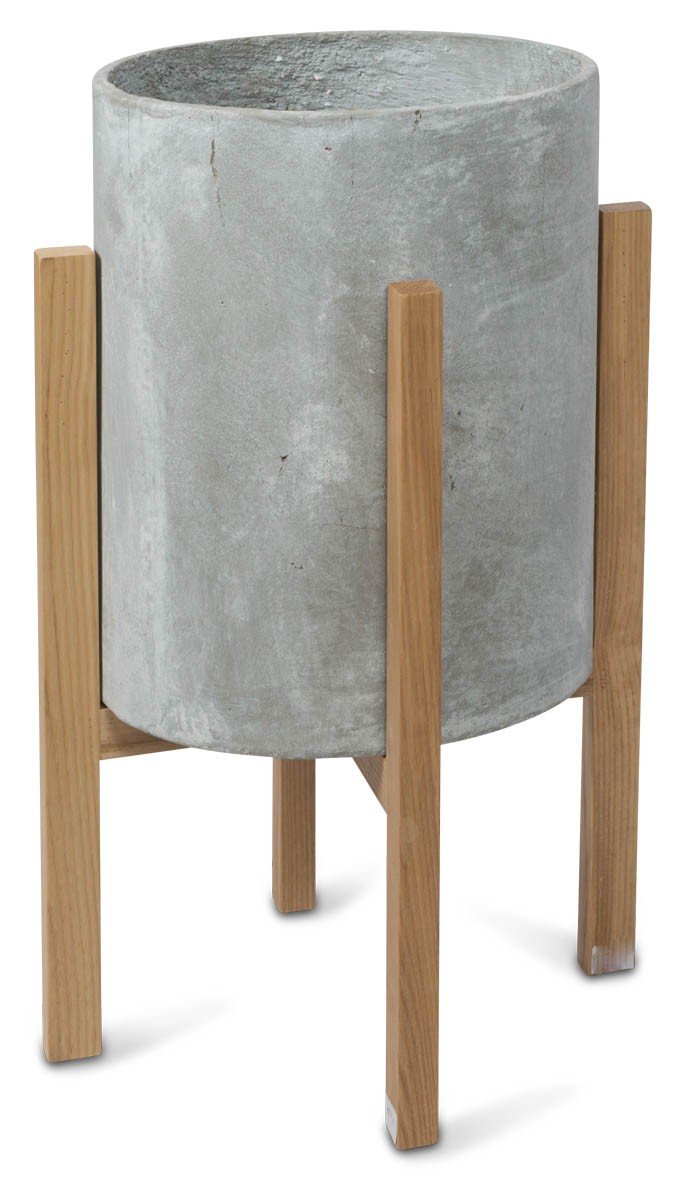 Round Concrete Planter on Wooden Oak Stand Medium-abc
