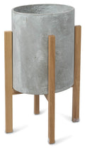 Round Concrete Planter on Wooden Oak Stand Medium-abc