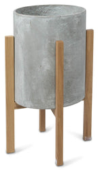 Round Concrete Planter on Wooden Oak Stand Medium-abc