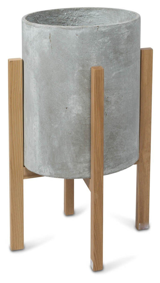 Round Concrete Planter on Wooden Oak Stand Medium-abc