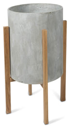 Round Concrete Planter on Wooden Oak Stand Large-abc